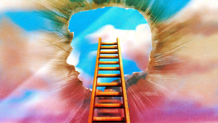 Illustration of a ladder extending up into the heavens and through a hole in clouds shaped like the profile of a man’s head