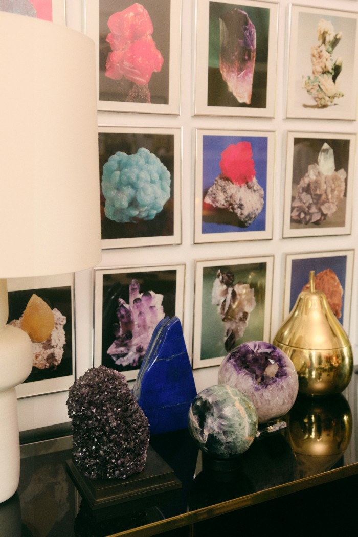 Crystals from Venusrox, vintage crystal photographs and a ceramic lamp by Nicola Tassie