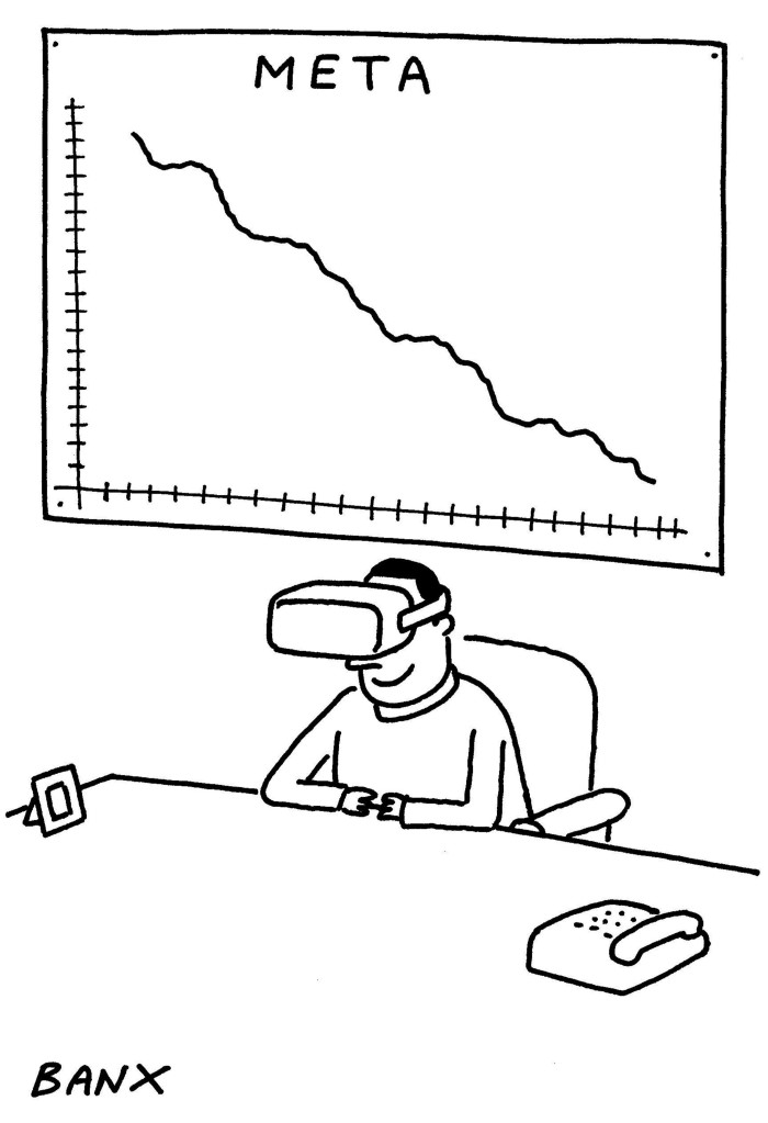 Cartoon of a man wearing a VR headset and seated behind his office desk. Behind him is a big chart on the wall showing Meta’s downward trend