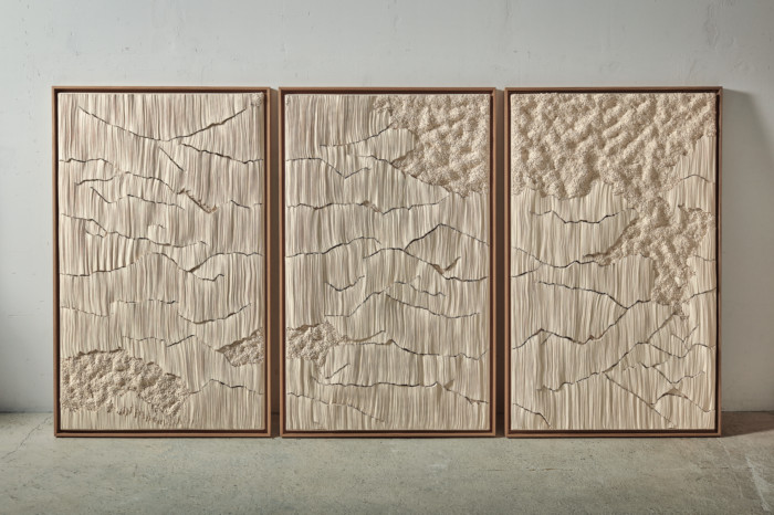 Cotton, wood and pins Triptyque, 2020, by Simone Pheulpin, €70,000, from Maison Parisienne