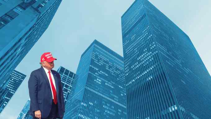 A photomontage of President Trump and a backdrop of corporate headquarters