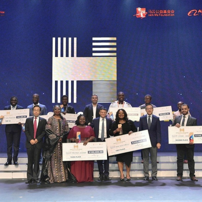 Jack Ma with the winners of his 'Africa’s Business Heroes' TV competition in 2019. The usually high-profile Mr Ma missed the November final of last year's contest