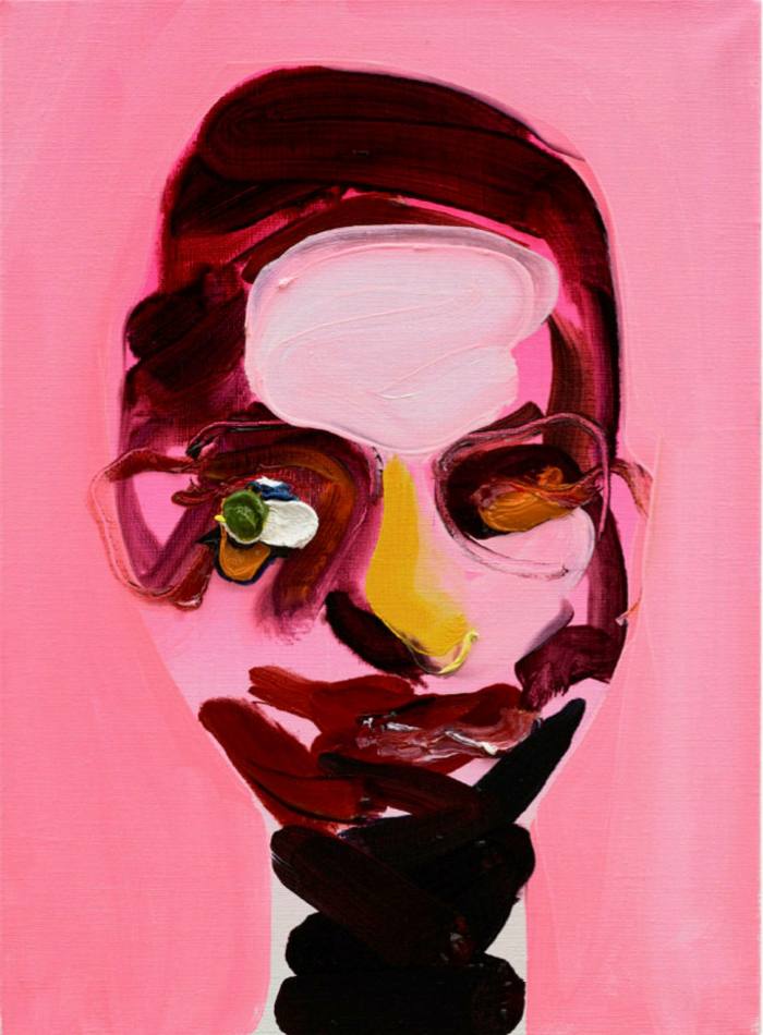 An oil painting of a human head in big pink and cerise smeary brushstrokes