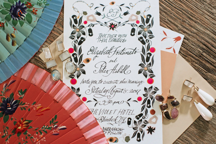 An invitation created by Stephanie Fishwick for the wedding of Lizzie Fortunato and Peter Asbill