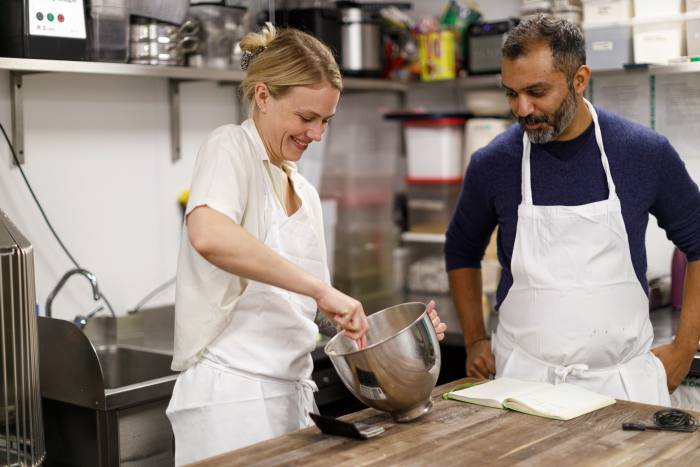 Helen Evans, head baker at Flor, makes the frangipane paste with Ajesh Patalay