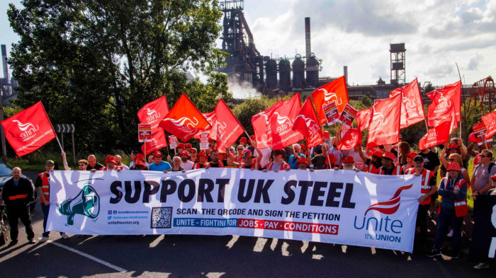 Workers demonstrating outside the Port Talbot steelworks in June over job cuts