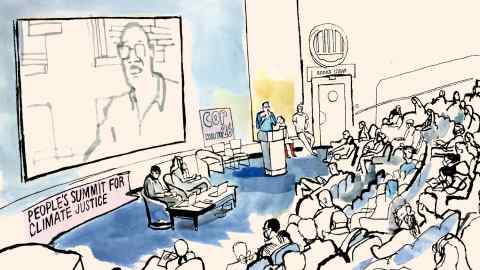 A drawing of The People’s Summit for Climate Justice:  on-screen Lumumba Di-Aping former chief negotiator for th