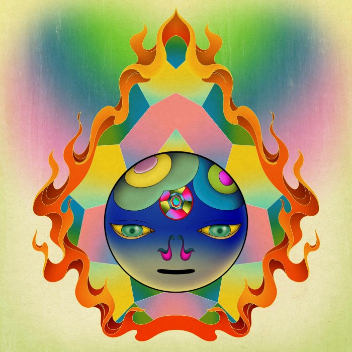 A digital image of a round blue face inset in brightly coloured polygons with a flame outline 