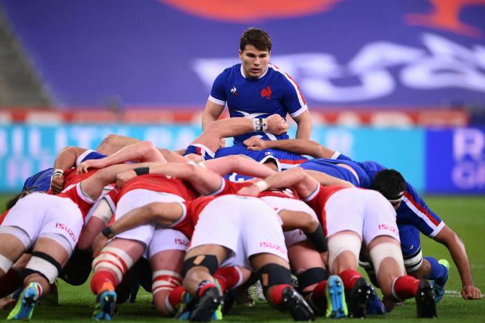France’s scrum-half Antoine Dupont takes part in a scrum  during the Six Nations rugby union tournament match between France and Wales on March 20 2021 at the Stade de France in Saint-Denis, outside Paris