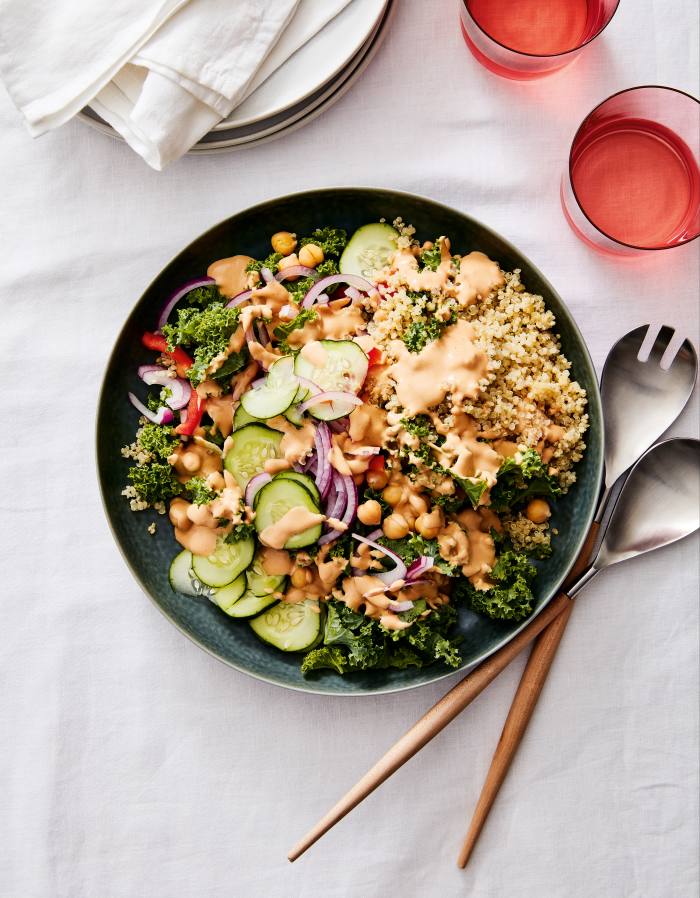 Kale quinoa salad with sriracha dressing from Vegan At Times by Jessica Seinfeld.
