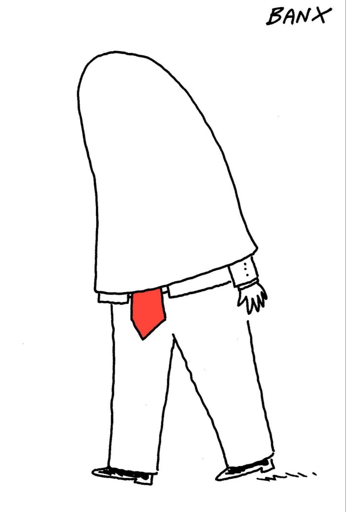 Cartoon of a man, half of his body from head to arms covered in cloth