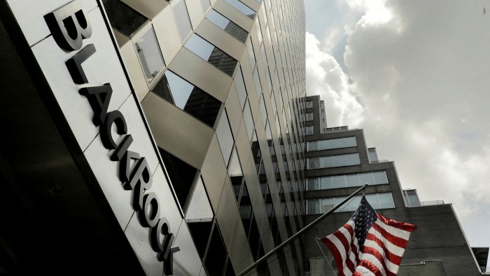 A BlackRock sign hangs above the company’s building in New York