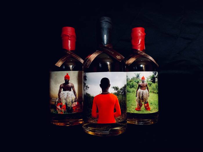 Limited-edition gins by British-Nigerian artist Zina Saro-Wiwa:  (from left) Sarogua Spirit Guinea Corn Leaf, Green Orange and Akogbara (Oil Bean)