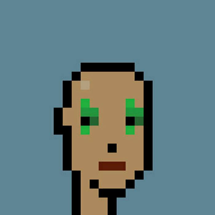 A pixellated figure with green eyes