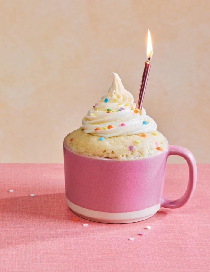A birthday sprinkles mug cake from Happiness in a Mug Cake by Kate Calder