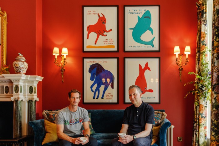 David Shrigley and Andy Murray in the Cromlix hotel, in front of I’m So Excited, I Try To Be Friendly, Witness My Joy and Enjoy Each Moment, all 2022, by Shrigley