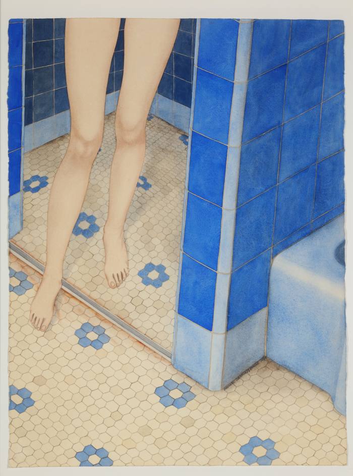 Painting showing a woman’s legs and feet about to exit a shower cubicle with tiled floor and walls