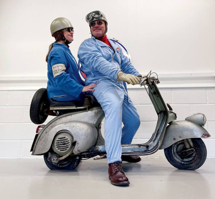 Paul Diamond of vintagescooters.co.uk and his partner, Catherine Bishop, on their 1949 Vespa V11T