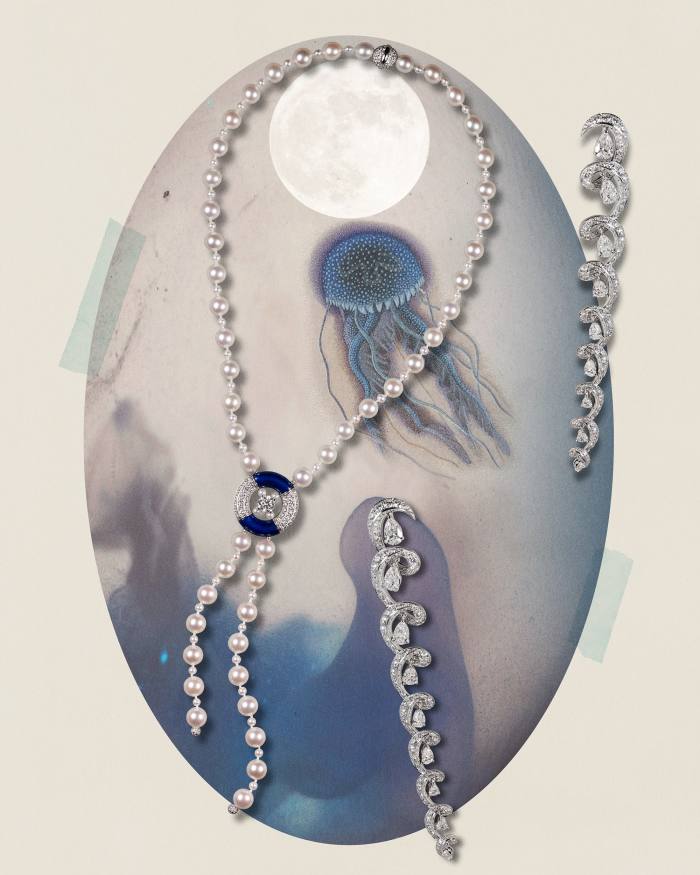 Chanel High Jewellery white-gold, lapis lazuli, cultured pearl and diamond Flying Cloud necklace. Graff white-gold and diamond earrings