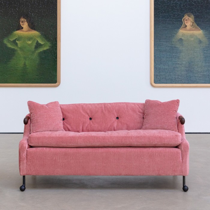 Corduroy supplants bouclé as the most wanted textile: tactile, enduring and perennially chic – especially rendered in rose-petal pink (BDDW Fabric #243). Seen here on the cast-blackened, bronze-footed Abel sofa, from $21,300, from BBDW