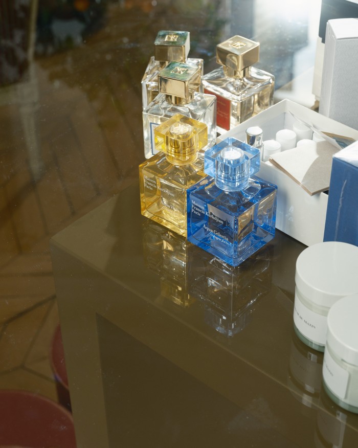 A selection of Maison Kurkdjian fragrances in the perfumer’s office