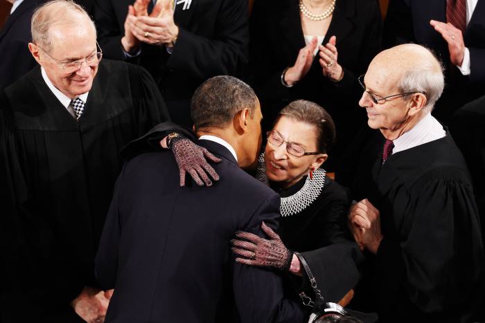 Ruth Bader Ginsburg with fellow Supreme Court justices in January 2011 at President Barack Obama’s State of the Union address. Ginsburg’s death opened up the prospect of a Supreme Court slanted six to three in favour of conservatives
