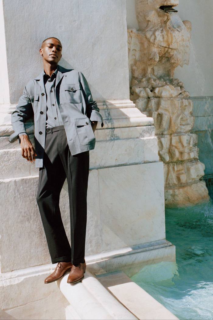 Brioni wool/silk sahariana, wool/silk shirt, wool trousers and leather Oxford shoes, all POA