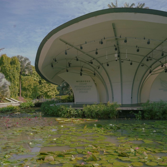 The Shaw Foundation Symphony Stage stands in the middle of a lake 