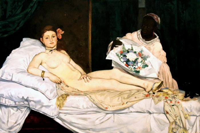 UNSPECIFIED - CIRCA 1754: Olympia (1863), a nude whose pose was based on Titian’s Venus of Urbino (1538). Painting by Edouard Manet (1832-1883) French Impressionist painter. Oil on canvas. (Photo by Universal History Archive/Getty Images)
