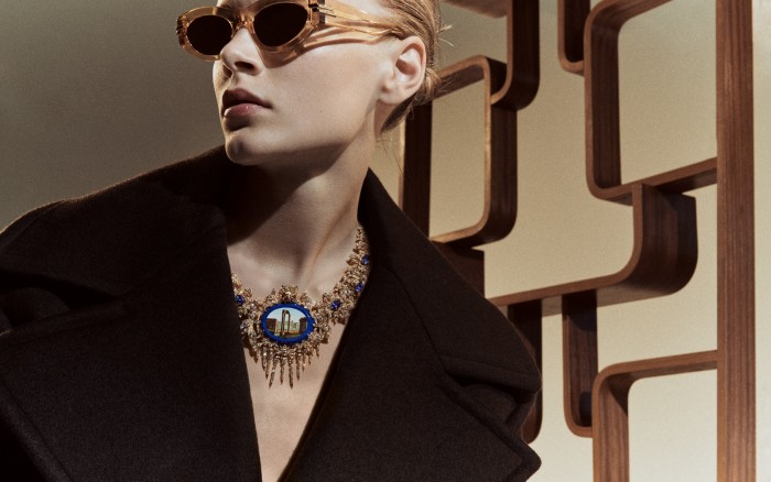 Gucci gold, diamond, micro-mosaic and tanzanite Hortus Deliciarum necklace. Saint Laurent by Anthony Vaccarello cashmere felt coat, £4,820. Bottega Veneta acetate sunglasses, £320. Jewellery throughout, POA
