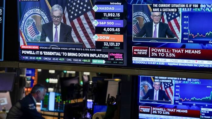  a news conference held by Federal Reserve Chair Jay Powell is displayed at the New York Stock Exchange in New York,