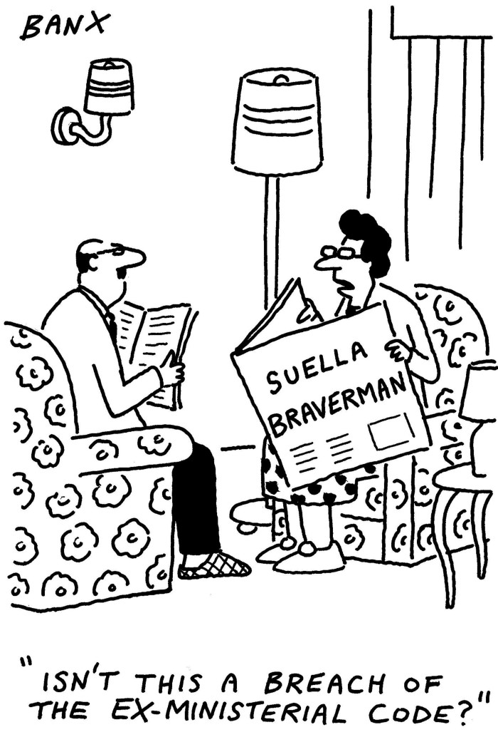 Cartoon of a couple sitting in a living room while reading the newspaper