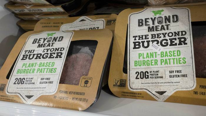 Packages of Beyond Meat’s ‘Beyond Burger’ on a shelf at Whole Foods