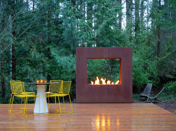 Paloform’s contemporary outdoor Kodo fireplace, framed by Corten steel, from £9,600