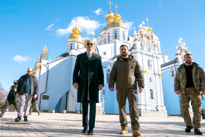 Ukrainian president Volodymyr Zelenskyy walks with US counterpart Joe Biden outside St. Michael’s Cathedral in Kyiv last week