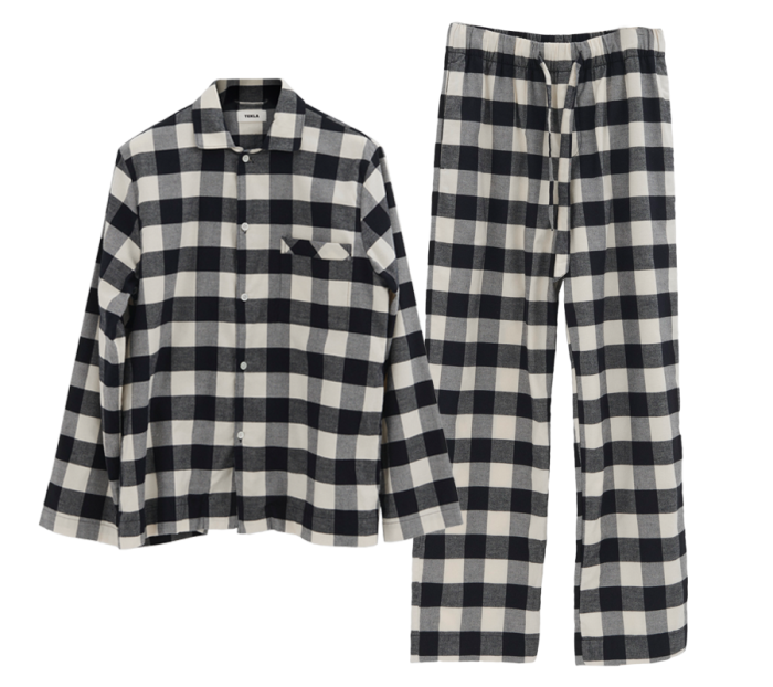 Tekla flannel long-sleeved shirt, £150, and matching trousers, £125
