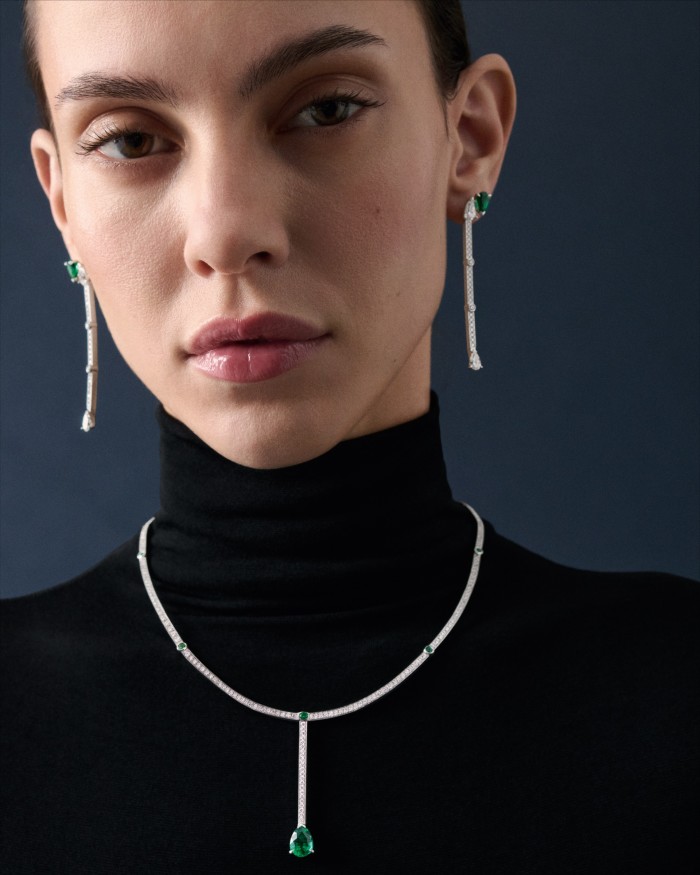 Repossi white-gold, diamond and emerald Serti sur Vide earrings and matching tie necklace, both POA