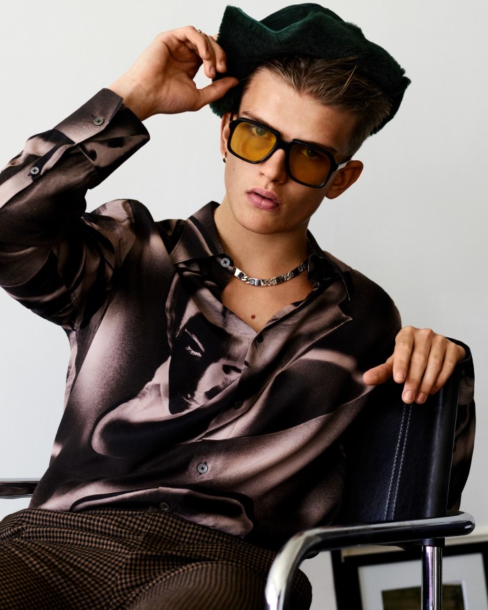 William wears Paul Smith cotton shirt, £325, wool trousers, £400, and shearling bucket hat, £235. Cutler & Gross acetate glasses, £365. Bunney sterling-silver ring, £360, and sterling-silver necklace, £1,340