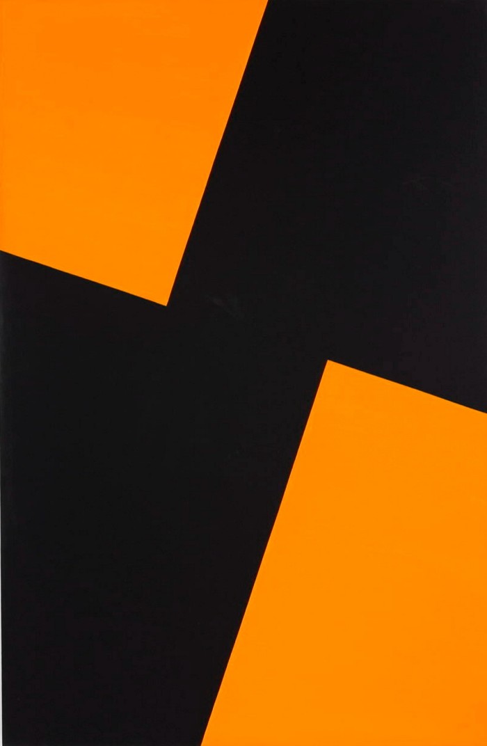 A portrait-shape painting with a two orange squares infringeing diagonally on a black background