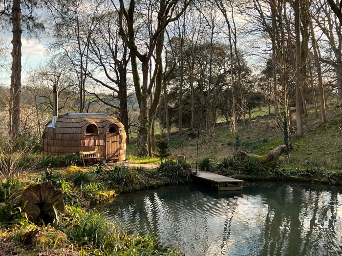 Paul and Caroline Weiland’s sauna on their estate in Wiltshire, built by Estonia-based company Iglucraft