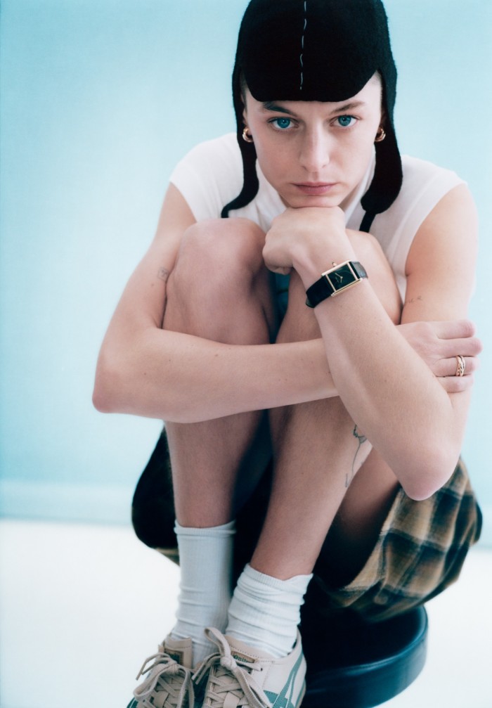 Maison Margiela cotton tank top, £450, wool Pendleton boxer shorts, £750, and wool hat, POA. Falke wool socks, £26. Onitsuka leather Tiger Mexico 66 sneakers, £170. Cartier yellow-, rose- and white-gold Trinity earrings, £2,820, matching ring, £1,360, and gold Tank Louis Cartier watch, £12,500