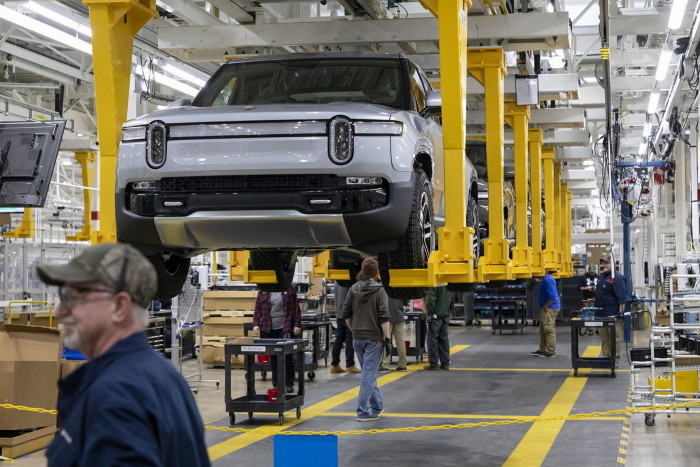 Rivian electric vehicles on the assembly line at the carmaker’s plant in Normal, Illinois