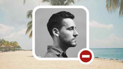 Montage of worker, stop sign and beach