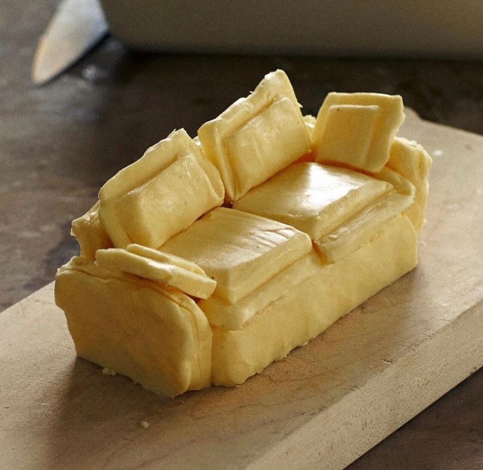 Felix Conran’s sofa carved out of butter to decorate the table