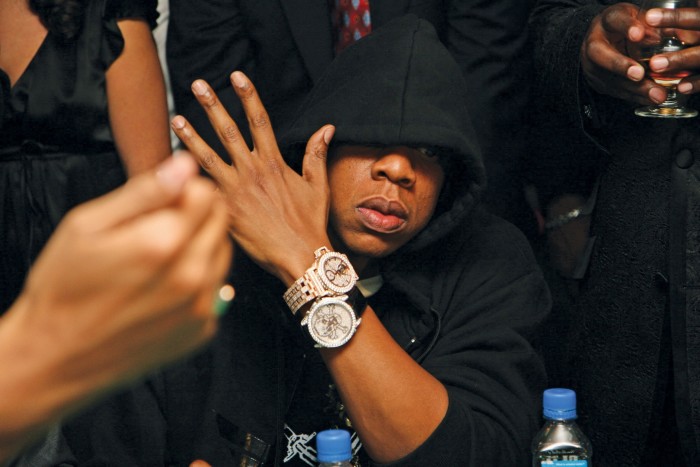 Jay-Z wears Jacob & Co rose-gold and diamond tourbillon, $95,000, and diamond skull watch, $59,750