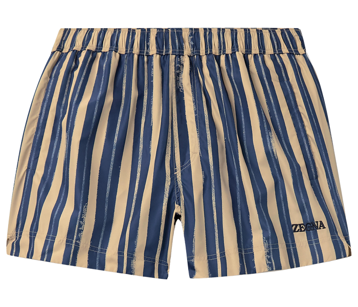 A pair of stripey swimming shorts in navy and beige 