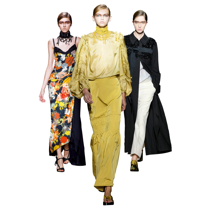 From left: Dries Van Noten embellished viscose dress, £1,795, and silk sandals, £935; silk top, £880, cotton/silk skirt, £760, and cotton/viscose sandals, £590; cotton/linen coat, £1,364, embroidered cotton/linen addition to coat, £1,338, nylon tulle T-shirt, £149, cotton/linen trousers, £515, and cotton/viscose shoes, £635