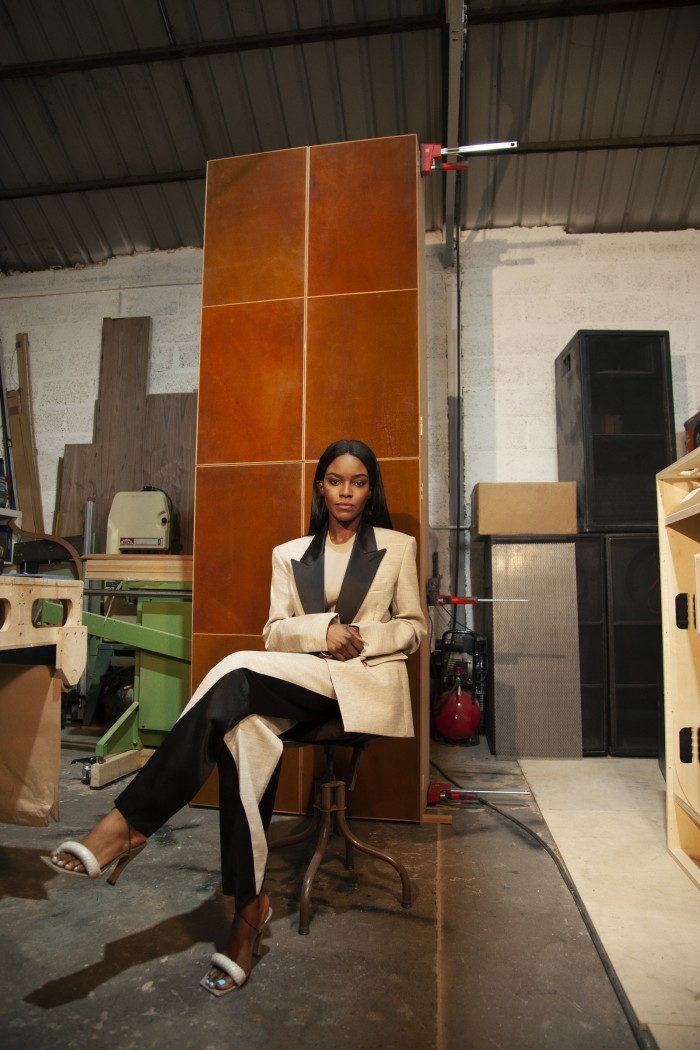 Mimi Shodeinde in her London studio with a section of her Rina cabinet (£58,850)
