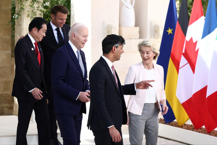 G7 leaders: Fumio Kishida of Japan;  Emmanuel Macron, Joe Biden, Rishi Sunak and European Commission President Ursula von der Leyen 