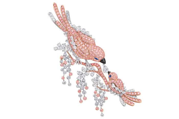 Graff rose- and white-gold Bird brooch with pink and white diamonds, sapphires and onyx, price on request